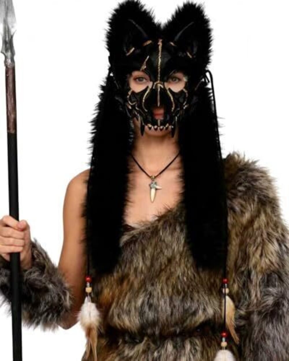 2044 Adult Fox Mask Faux Fur Headdress with Feather Viking Wolf Mask